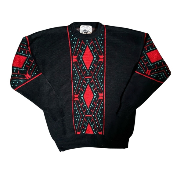 Vintage America Other - Vintage 90s Summit County Geometric Knit Sweater Black Red Wool Blend Size M